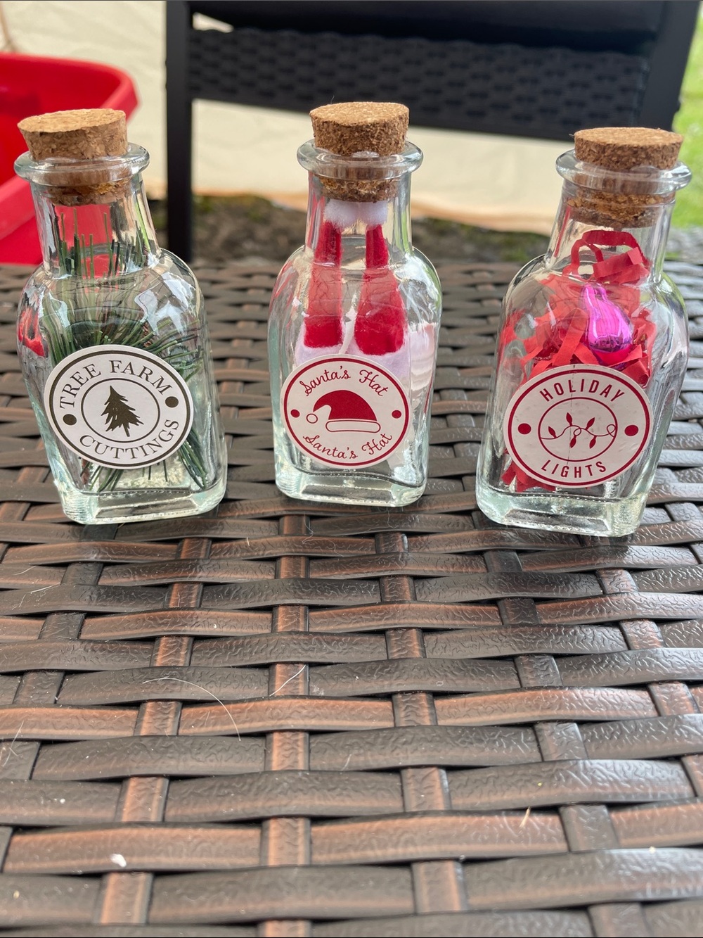 Set of 3 Mini Glass Cork Bottle Holiday Decor - Red & Green Accents, 3.5” tall